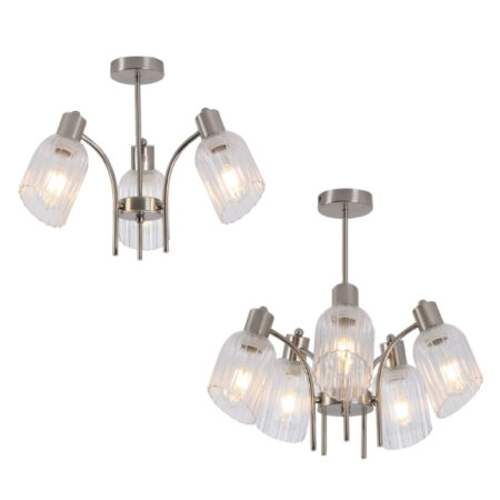 Satin Chrome Chandelier Clear Fluted Glass